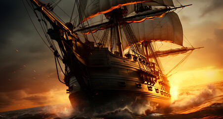 the sailing ship is in rough water as the sun rises