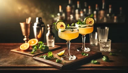 Fototapeten Vintage Cocktails at Twilight: Citrus and Herb Elegance © arinahabich