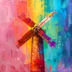 Generative AI Art: Rainbowcolored Windmill. Concept AI Art, Generative Art, Rainbow Colors, Windmill Art, Digital Painting