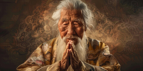 Chinese old man with white hair and beard, dressed in Taoist robes, generative AI