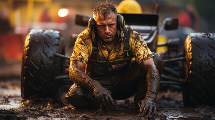 Man in Mud Suits and Headphones Repairing Vehicle