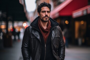 Portrait of a handsome young man in a leather jacket on a city street.