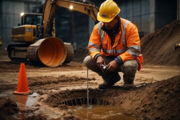 Plumber engineer checking excavation concrete drainage pipes and underground manhole water system at construction site - obrazy, fototapety, plakaty