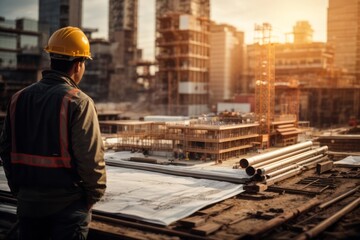 Fototapeta premium back view of architect engineer or contractor at construction site supervising building