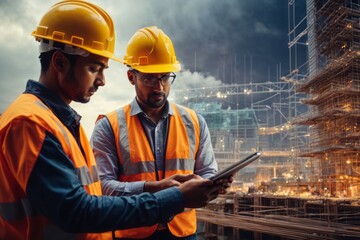 Engineer and Architect analyze projects with new technology and innovative on digital and virtual tablet