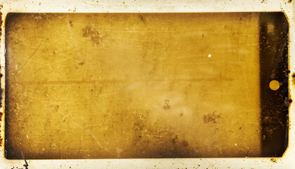 Artistic vintage photo with film grain, dust and scratches and frame– yellow rusty metal plate for background textures - obrazy, fototapety, plakaty