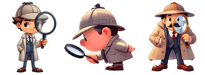 A set of 3 cartoon detectives searching for clues, isolated on a transparent  background