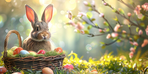 Fototapeta na wymiar Easter rabbit with long ears sits by a basket filled with colorful eggs in grass. web banner design, Colorful happy bunny with many Easter eggs on grass festive background for decorative design concep