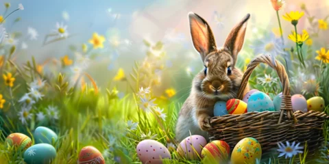 Foto op Canvas Rabbit with eggs, adding a playful twist to the Easter festivities, as it merrily carries a basket filled with colorful painted Easter eggs bokeh light and shadows sunny day in a forest background  ©  Eman 