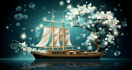 an illustration of a beautiful boat with bubbles and trees