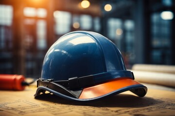 safety helmet with unfinished city building construction site background