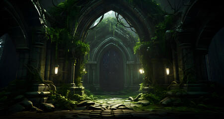 a gothic cathedral with a stone walkway in the woods - obrazy, fototapety, plakaty