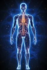 Artistic unreal depiction of human body with blue and yellow glow,stylized as x-ray image,front view