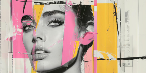 Contemporary beauty fashion collage from retro magazine cover and pink yellow paper cutouts. Poster, banner, background concept - 764404458