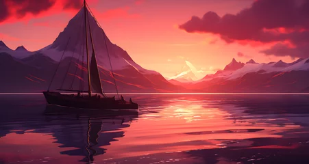 Tafelkleed an illustration of sailboat with mountains in the background © Matthew