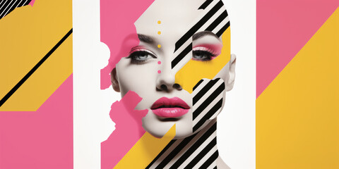 Fashion collage model's face with pink and yellow geometric shapes. Minimalist beauty portrait with bold makeup - 764404485