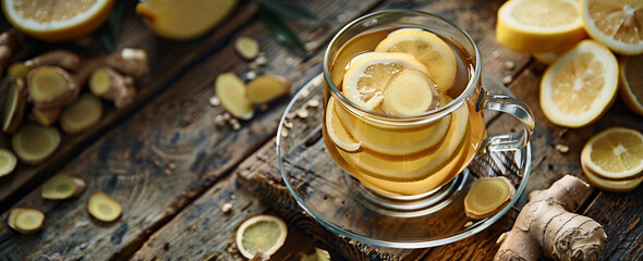 In the transparent glass cup, ginger tea with lemon slices is placed on an old wooden table. The background features sliced ginseng and other ingredients. Top view. 