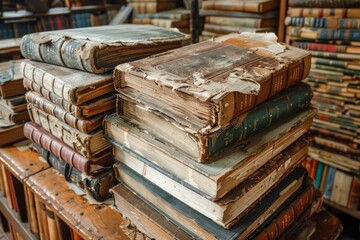 Antique Books Stacked on a Wooden Table in an Old Library with Shelves of Books in the Background