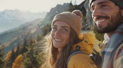 Smiling young couple on a hiking trip in the mountains- herzogstand- bavaria- germany - obrazy, fototapety, plakaty