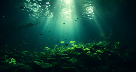 Fototapeta na wymiar a man swims beneath a deep - blue lake