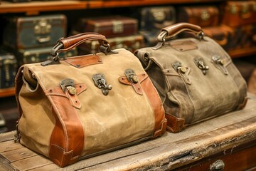 Vintage Canvas and Leather Travel Duffle Bags Displayed in Antique Shop Setting