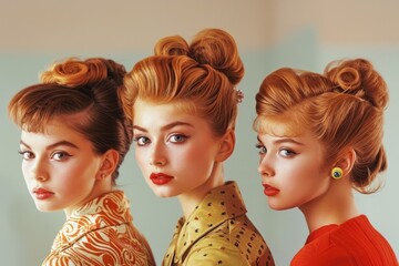 Vintage Glamour Three Young Women with Retro Hairstyles in Classic 50s Fashion Against Pastel Background