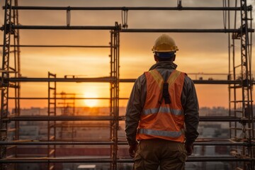 Fototapeta na wymiar Male construction worker on scaffolding in building industry construction at sunset