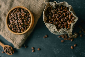 Coffee beans in a wooden plate on a black background