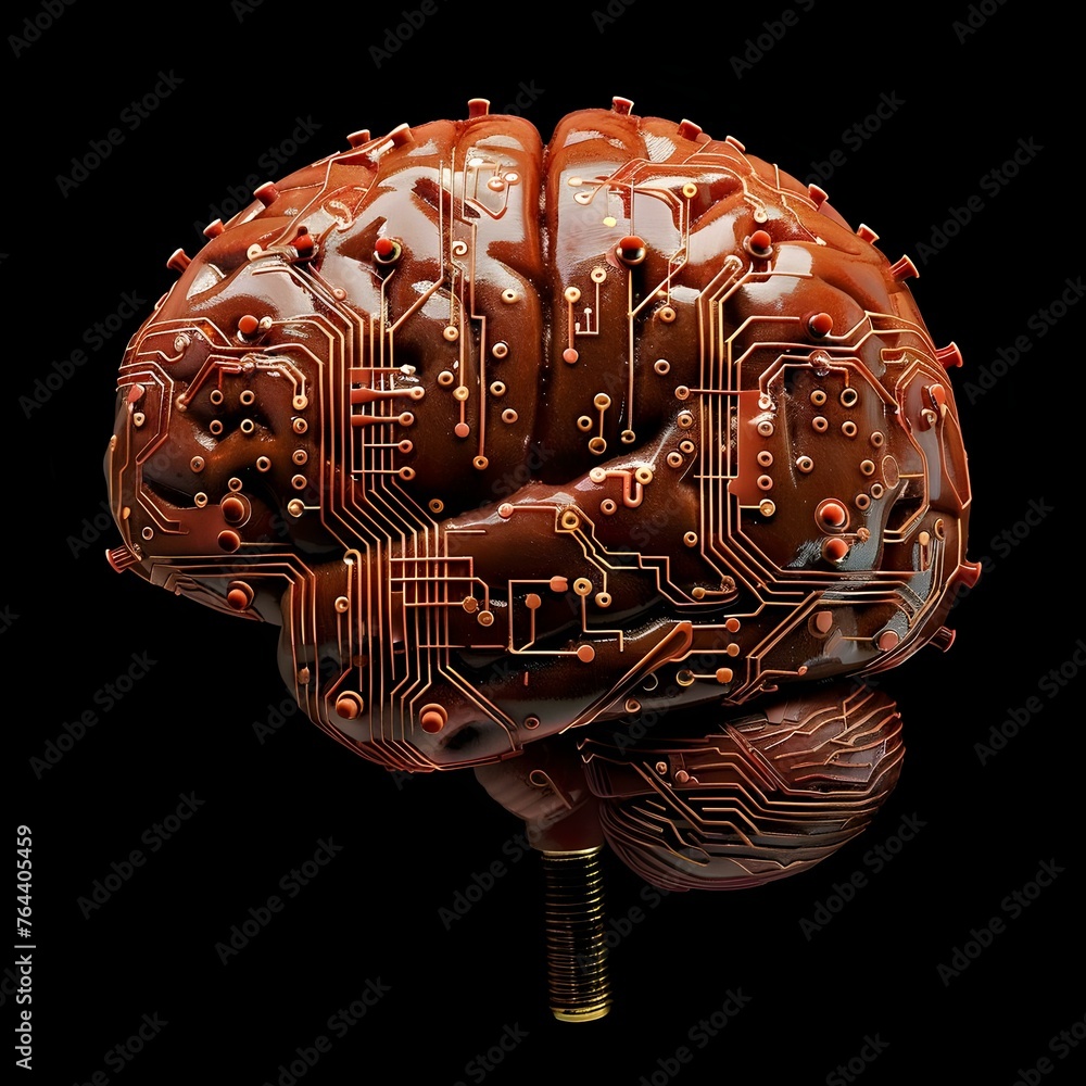 Poster artificial intelligence concept: human brain and neural network printed circuit board. concept artif