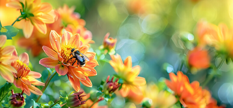 In the vibrant garden, a collection of colorful orange and yellow hortlopeaum flowers with honeybees on them is captured in closeup, in the style of autumn hokkaido bee.