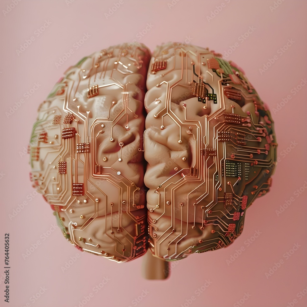 Poster closeup of a human brain with a neural network printed circuit board symbolizing artificial intellig