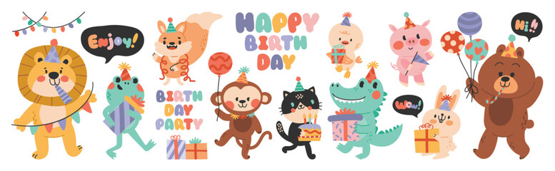 Happy birthday concept animal vector set. Collection of adorable wildlife, lion, frog, monkey, pig, crocodile. Birthday party funny animal character illustration for greeting card, kids, education. - obrazy, fototapety, plakaty