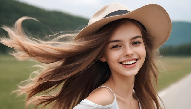 Happy young model makes photo close-up. Her hair is flying in wind, she is wearing hat. Outdoor photo.