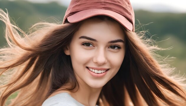 Happy young model makes photo close-up. Her hair is flying in wind, she is wearing hat. Outdoor photo.