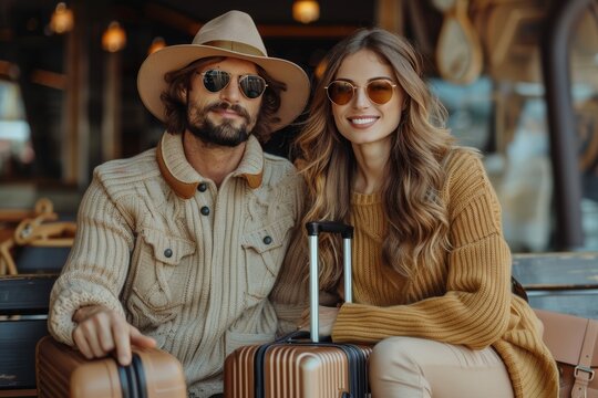 Joyous couple, packed and ready for international journey, at airport.