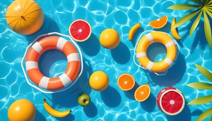 3d creative summer background in swimming pool party theme. Top view of balls, swim rings and fruit shape lilos floating on water. - obrazy, fototapety, plakaty