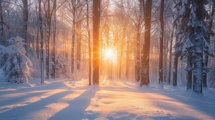 The Sun Sets Over a Snowy Forest