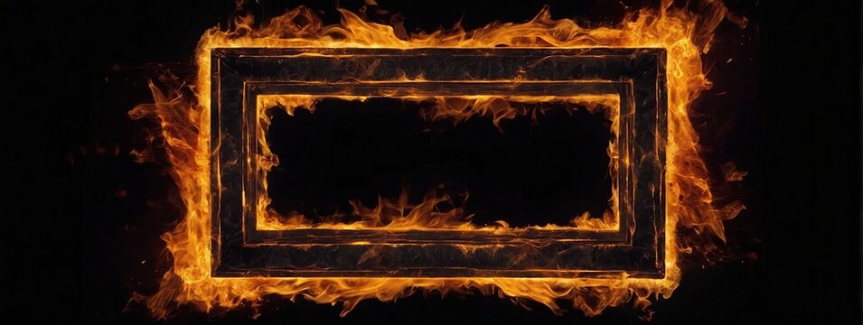 Rectangular frame made of burning flames fire in the shape of a rectangle, isolated on black background