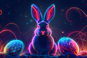 Colorful bunny made of neon light on dark background with Easter eggs, glowing lines and waves. Futuristic technology concept. Creative holiday design for card, banner, poster with copy space