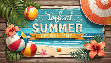 Vector Summer Time Holiday typographic illustration on vintage wood background. Tropical plants, flower, beach ball and sunshade. Eps 10 design. - obrazy, fototapety, plakaty