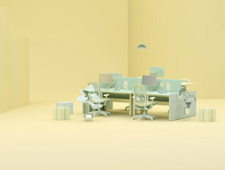 Creative workspace with desks, chairs, plant, computers. Fashion Design Studio, Minimal office interior on pastel yellow background