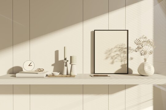3D render close up modern beige dressing table with decoration with morning sunlight and foliages leaves shadow on the wall. Empty space, mockup frame
