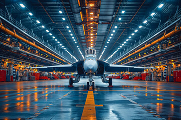 Fighter jets in hanger of aircraft carrier, modern military - obrazy, fototapety, plakaty
