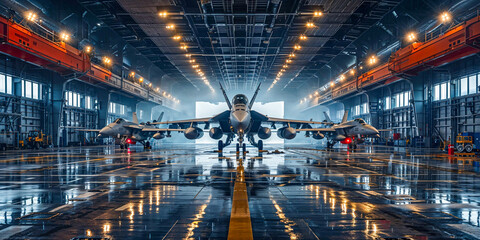 Fighter jets in hanger of aircraft carrier, modern military - obrazy, fototapety, plakaty