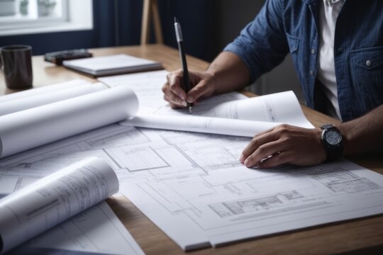 Architect interior designers work to create blueprints and documents for building and home plans