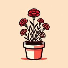 赤いカーネーションの鉢植えのイラスト。背景は無しで、鉢にカーネーションの花が植えられているシンプルなイメージ
