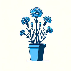 青いカーネーションの鉢植えのイラスト。背景は無しで、鉢にカーネーションの花が植えられているシンプルなイメージ