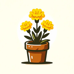 黄色いカーネーションの鉢植えのイラスト。背景は無しで、鉢にカーネーションの花が植えられているシンプルなイメージ