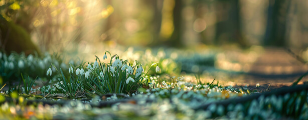 Photo of Snowdrops in the spring forest, closeup, blurred background, high resolution photography, very detailed 