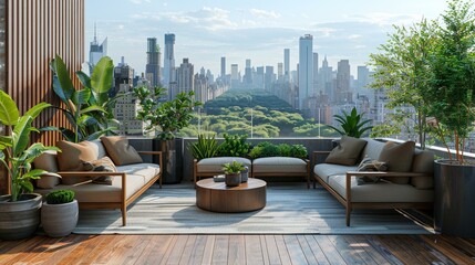 Rooftop terrace mockup, sparse modern furniture, city skyline view